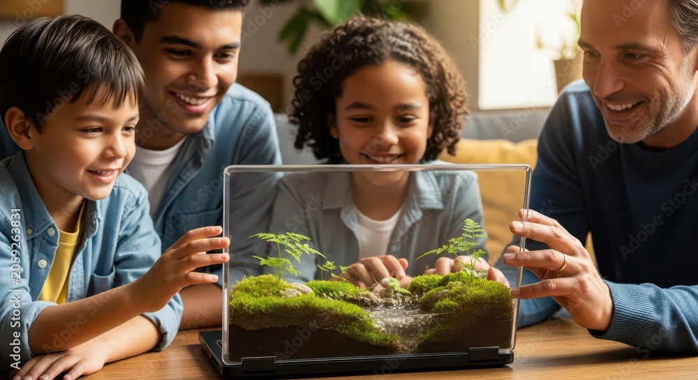 Obraz premium Family exploring mini indoor garden.