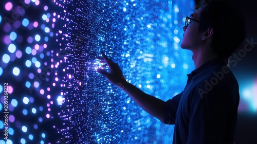 Digital touch interaction with glowing data network at technology exhibit or futuristic environment