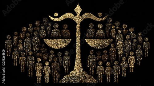 Golden silhouette figures form a scale of justice composition against a dark background