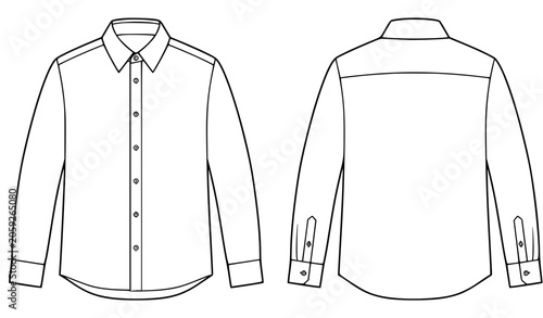 Men Long Sleeve Button Down Shirt Front and Back View Flat Fashion Sketch Vector Template