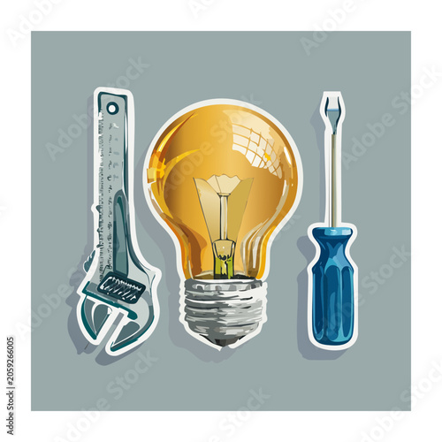 Light bulb with wrench, screwdriver and ruler illustration