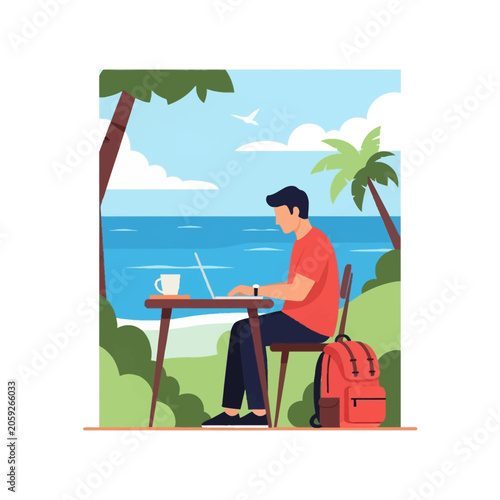 Flat vector illustration of a digital nomad working on a laptop while sitting at a wooden table on a tropical beach with palm trees, a red backpack, and a view of the blue ocean.