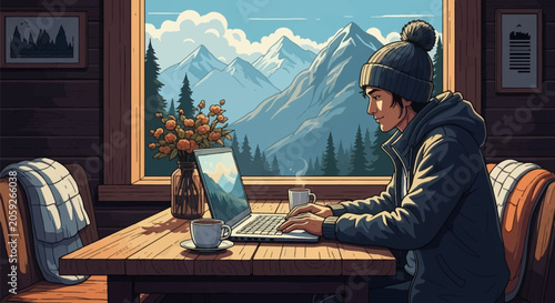 Digital nomad man in a beanie and jacket working on a laptop at a wooden table inside a cozy log cabin with a large window view of snowy mountains and pine trees during the winter.
