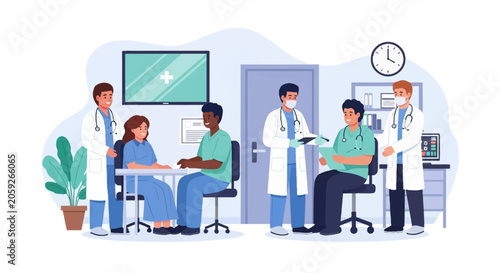 Diverse team of healthcare professionals, including doctors in lab coats and nurses in scrubs, consulting with patients in a clinic with professional equipment and medical charts.