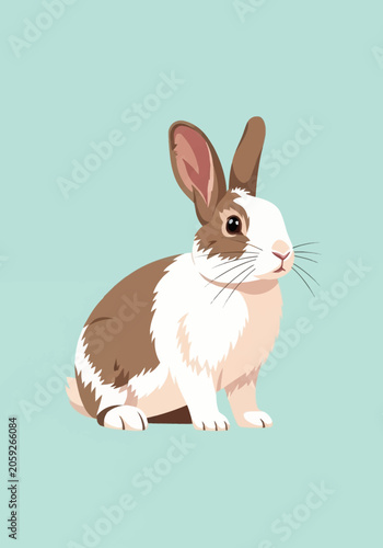 Vector illustration of a brown and white domestic rabbit with long ears and whiskers, sitting in a side profile view against a solid light blue background, flat graphic design art.