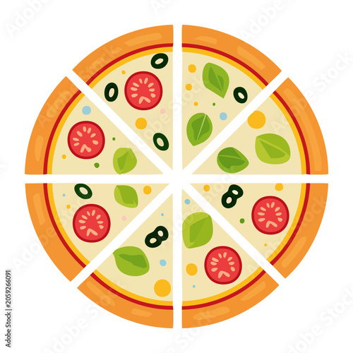 Sliced pizza with tomato, olive, and basil toppings