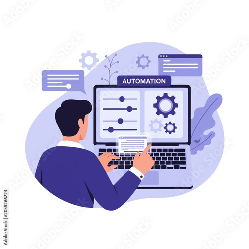 Flat vector illustration of an employee at a laptop desk configuring digital automation settings using sliders and gear icons on the screen, isolated on a white background.