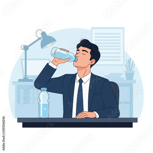 Flat vector illustration of a male employee in a blue business suit and tie sitting at a desk drinking water from a plastic bottle in a modern office interior setting.
