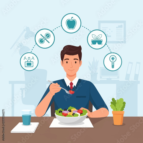 Flat vector illustration of a male employee eating a fresh salad at an office desk, featuring a glass of water and icons representing nutrition, mental health, and wellness.