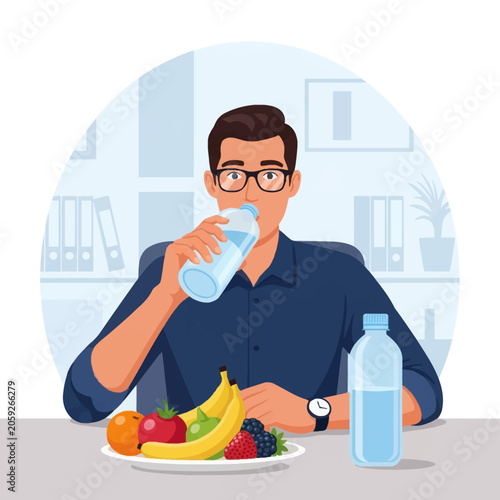 Male office worker with glasses drinking from a water bottle at his desk with a plate of fresh fruit like bananas and berries, highlighting healthy lifestyle choices at work.