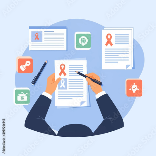 Top down view of office worker hands holding a pen and documents with awareness ribbons, surrounded by medical and productivity icons on a desk in a flat vector style.