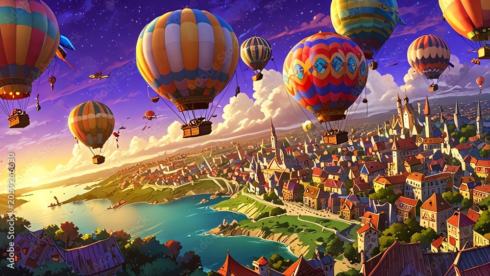 Fototapeta premium A vibrant scene featuring colorful hot air balloons floating above a picturesque cityscape at sunset, showcasing an aerial view of stunning architecture and natural landscapes.