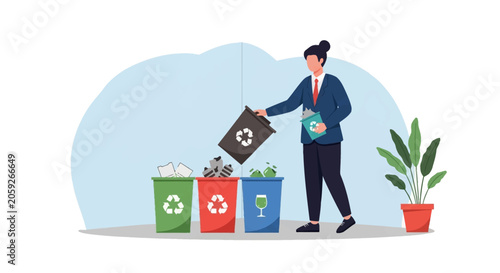 Office employee in a blue suit sorting recyclable waste into green, red, and blue bins with recycling symbols, featuring paper, plastic, and glass disposal in a flat vector illustration.