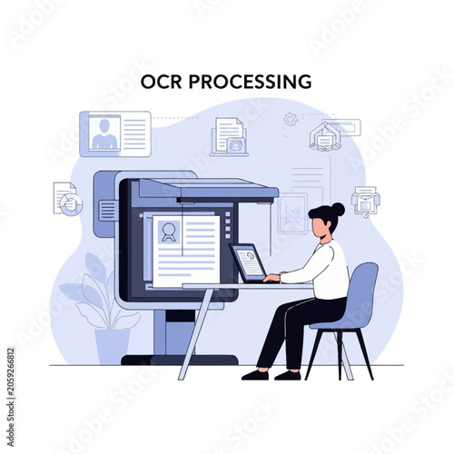 Vector illustration of a female employee sitting at an office desk using a laptop and a large OCR processing machine to scan and digitize paper documents and identification cards.