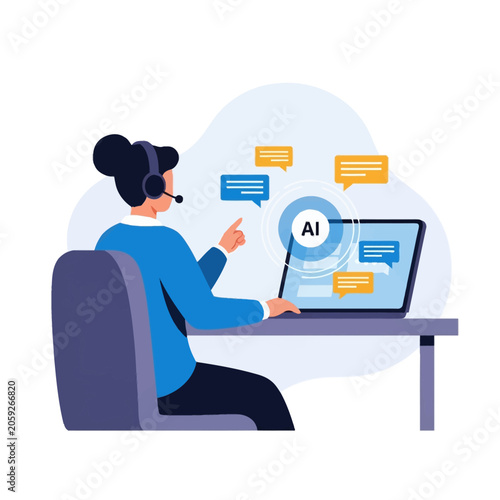 Vector illustration of a female customer service representative wearing a headset sitting at a desk and using a laptop to interact with an AI chatbot and messaging bubbles.