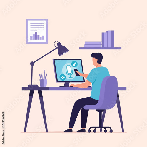 Flat vector illustration of a male employee sitting at a desk using voice automation software on a computer monitor with a microphone icon in a modern home office setting.