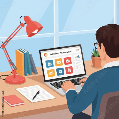 Flat vector illustration of a male employee sitting at a desk using a laptop with a workflow automation dashboard on screen, next to a red desk lamp, books, notepad and a pen.