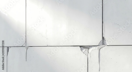 Abstract background of cracked white tiles with thick white liquid leaking, modern industrial texture