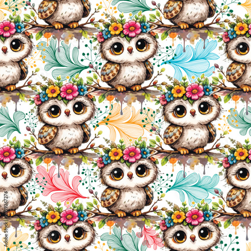 Schilderij op canvas Cute owl seamless pattern