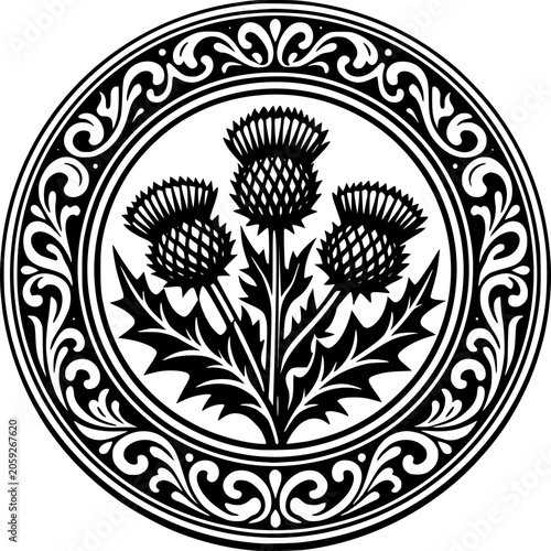 Thistle Emblem: A stylized circular emblem featuring three Scottish thistle plants with ornate borders, presented in a classic black and white design, symbolizing national pride and heritage.