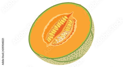 Fresh Orange Cantaloupe Melon Half Vector Illustration with Seeds and Green Textured Rind Isolated for Healthy Food