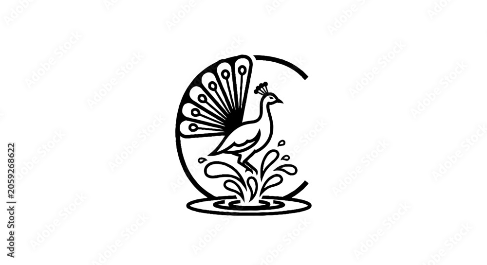 Fototapeta premium Elegant peacock logo with decorative tail feathers.