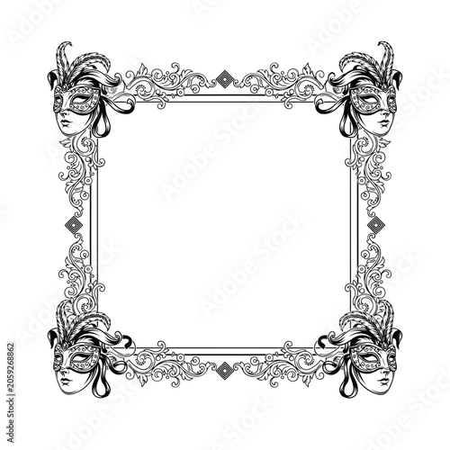 Ornate Masquerade Frame With Faces And Feathers Black Vector Illustration