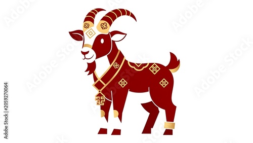 Red goat zodiac symbol for Chinese New Year. Stylized animal illustration with golden ornaments. Traditional cultural graphic icon for astrology, lunar calendar and festive celebration.