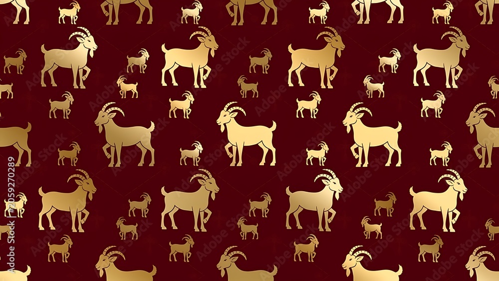 Obraz premium Golden goat pattern on deep red background. Chinese zodiac symbol of 2027 year. Ornamental wallpaper with farm animal silhouette. Asian culture luxury textile print for celebration.