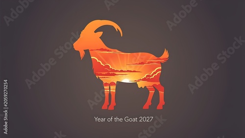 Goat silhouette containing a scenic sunset landscape. Creative illustration for the Chinese zodiac New Year 2027. Artistic design featuring animal symbol and sunrise sky for holiday card.
