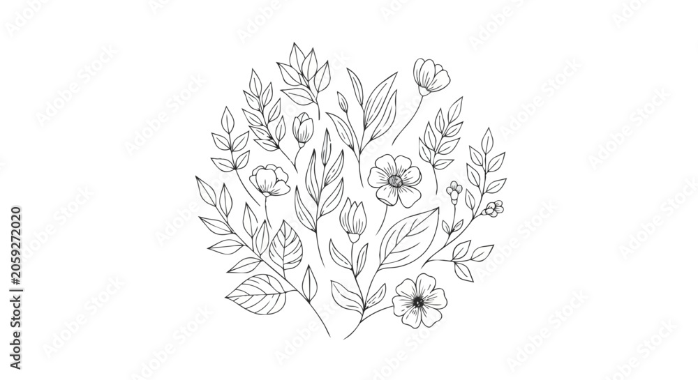 Fototapeta premium Elegant Black and White Vector Floral Arrangement Featuring Wildflowers and Botanicals in Hand Drawn Sketch Style