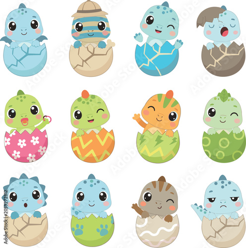 Photography Cute Baby Dinosaur Hatching from Egg Shell Vector Character Set with Colorful Di