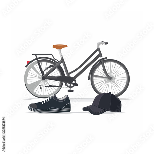 Flat design illustration of bicycle with sneaker and cap