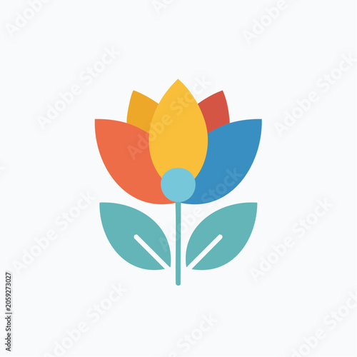 Stylized Flower Icon with Colorful Petals and Leaves