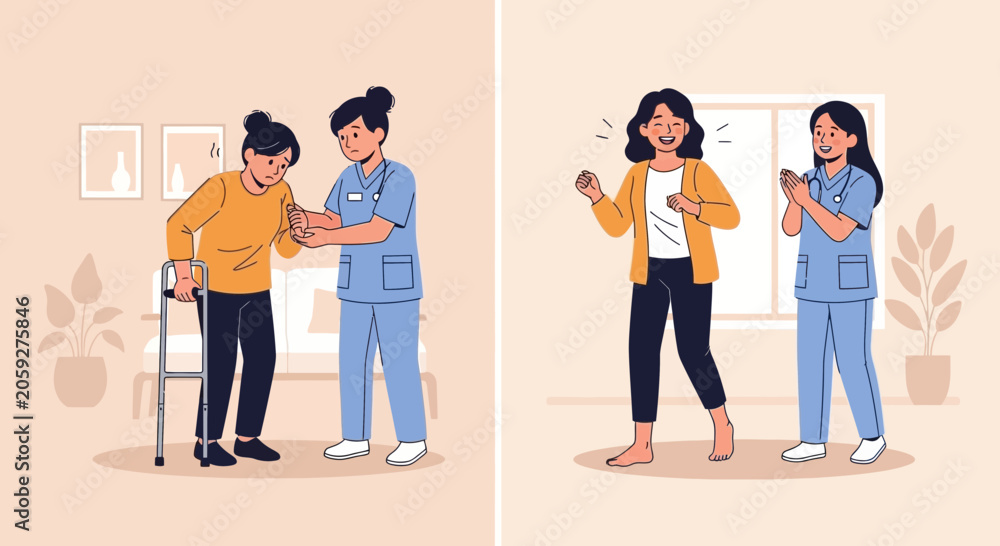 Fototapeta premium Elderly patient assisted by nurse, healthcare, recovery, motivation