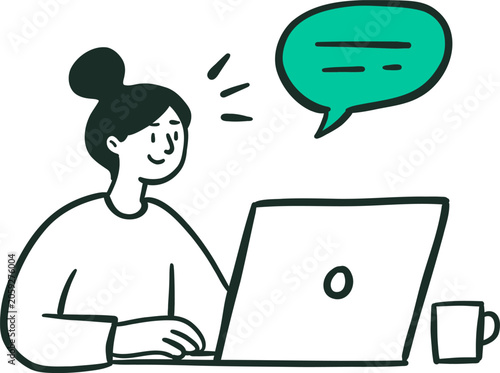 Woman working on laptop with speech bubble and coffee cup