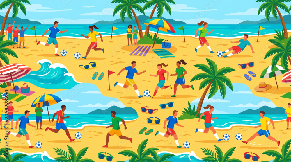 Obraz premium Vibrant flat illustration of diverse people playing beach soccer on a sunny tropical shore with palm trees and ocean waves, AI Generated summer sports pattern.