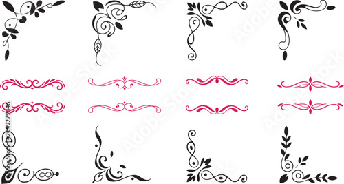 Classic Black and Pink Decorative Corners and Dividers for Elegant Invitations and Page Embellishments