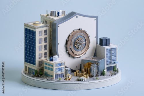 Miniature diorama shield protecting business asset concept