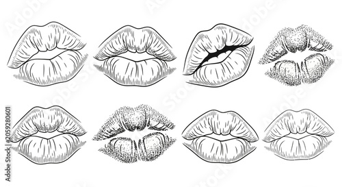 Fotografie Collection of hand-drawn human lip sketches featuring various kissing and poutin