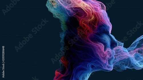 Abstract Psyche Flow: A vibrant, colorful, and dynamic abstract representation of a human profile, with flowing, ethereal wisps of energy in neon hues, symbolizing thought, creativity.
