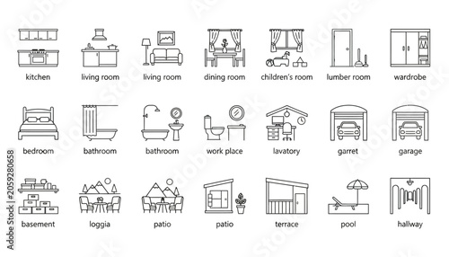 Fotografie Set of Linear Icons Representing Residential Home Interior and Exterior Spaces I