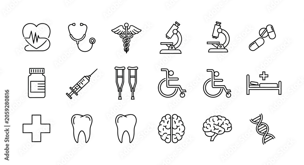 Fototapeta premium Medical and Healthcare Line Icon Set featuring Stethoscope, Brain, DNA, and Hospital Equipment for Clinic and Wellness Design