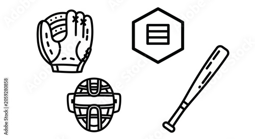Tableau sur toile Baseball catcher protective gear and scoreboard icons.