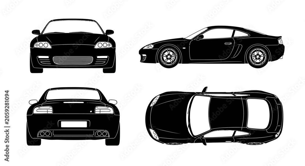 Fototapeta premium Black sports car blueprint illustration featuring front, side, rear and top views for automotive design