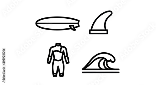 Photography Essential surfing gear icons including surfboard and wetsuit outline