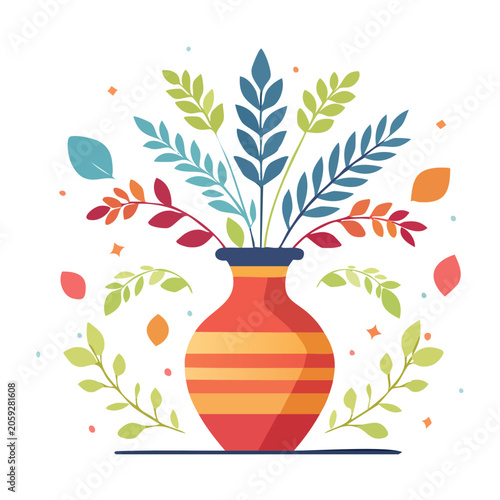 Colorful striped vase with decorative leaves illustration