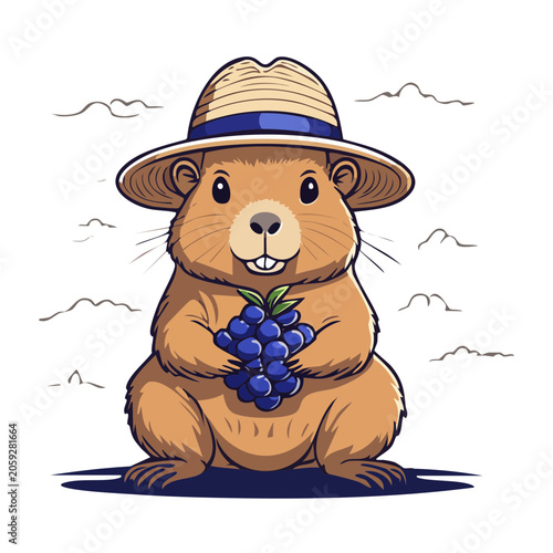 Cute cartoon gopher holding grapes in a straw hat