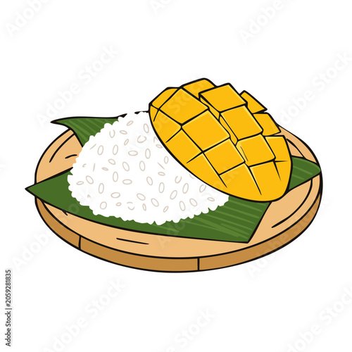 Illustration of Mango Sticky Rice on Bamboo Plate