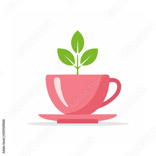 Pink cup with green leaves icon on white background